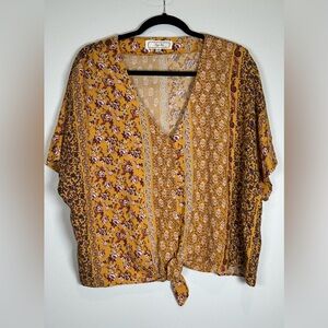 Hippie Rose Yellow and Brown Floral Flutter Sleeve Tie Front Blouse.Size XL.Boho